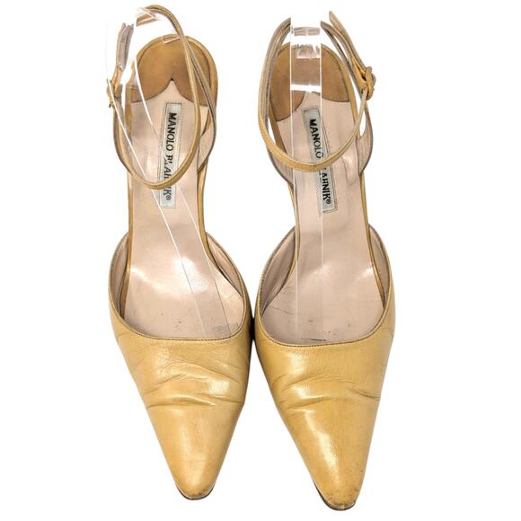 Manolo Blahnik Tan Leather Slingback Heels Pointed Toe Stiletto Pumps 39.5 - Picture 3 of 11